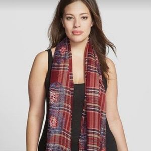 NWT Lucky Brand Embroidered Plaid Scarf